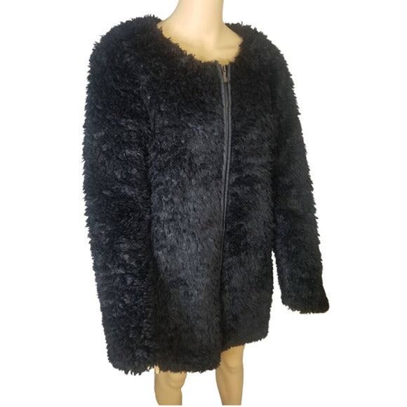 1990s Long Black Faux Sheep Fur Box Cut Zip Up Coat Nearly New Size Small Medium - Picture 1 of 5